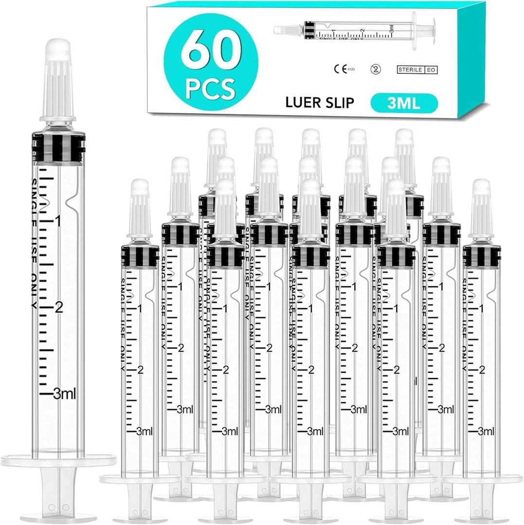 60 PCS 3ml Syringes with Cap for Liquid, Oral Syringe without Needle for Medicine Dropper, Colostrum Collect, Feeding Pets, Liquid Measuring, Individually Sealed, Luer Slip
