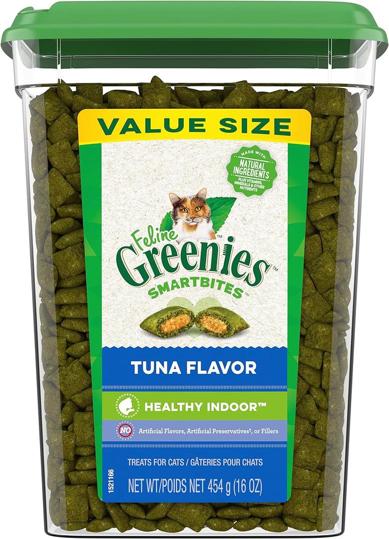 Greenies Feline Smartbites Healthy Indoor Cat Treats, Tuna Flavor, 16 oz. Tub (1 Pound (Pack of 1)), Best By: 08/2026