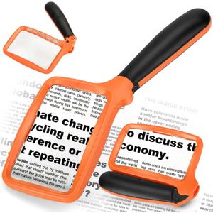 Magnifying Glass with Light, Folding Handheld Magnifying Glass for Reading, 3X LED Large Rectangle Lighted Magnifier with Brightness Dimmable, Books Magnifier for Seniors, Low Vision Gifts for Elderly (Orange-black)
