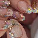MAGLFELL Press on Nails, Medium Almond 3D Handmade False Nails with Gold Outline Colorful Glitter Tips and Bubble Beads, 10 Pcs Reusable Thick Acrylic ABS Artificial Fake nails for Women L Size