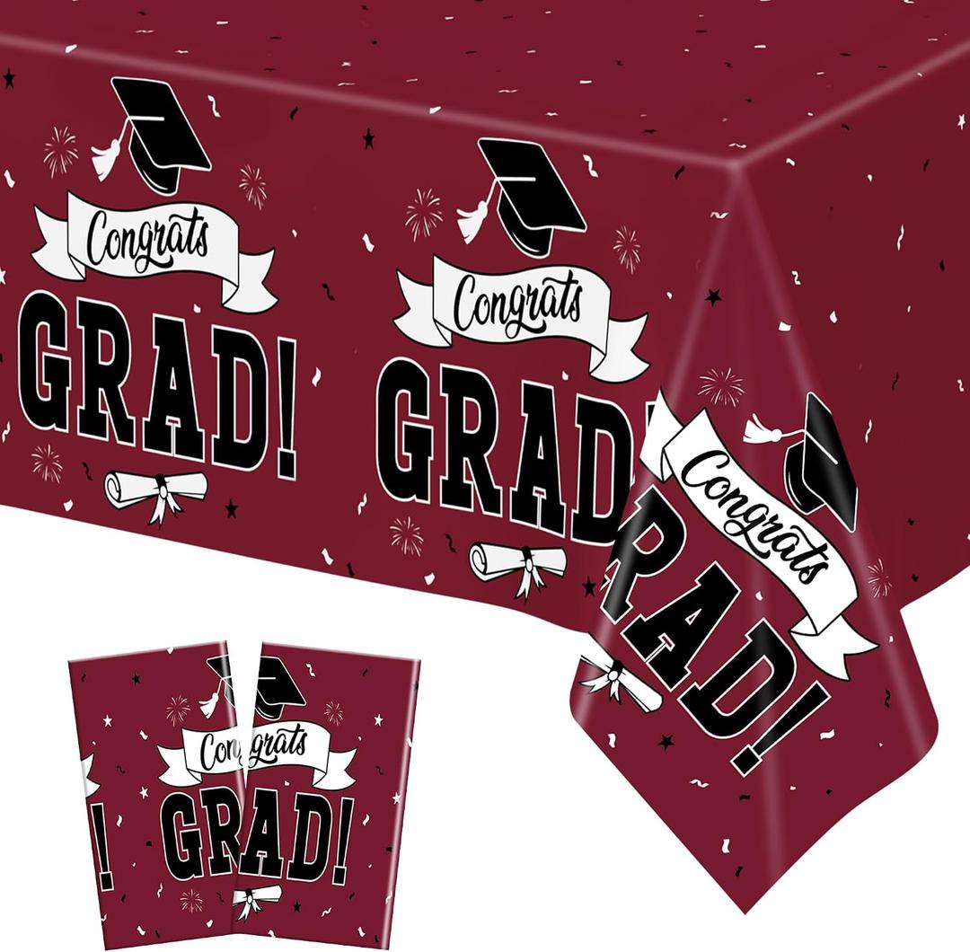 2 x 2Pcs Graduation Decorations 2026, 108" X 54" Maroon Graduation Tablecloths, Rectangle Table Covers for Class of 2026 Congrats Grad, Disposable Plastic Tablecover for Grad Decor Party Supplies for Kids