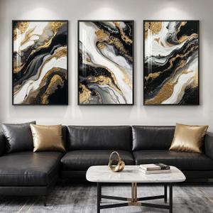Large Framed Black Gold White Abstract Wall Art for Living Room, Each 24x36, 24" W x 36" H x 3Pcs