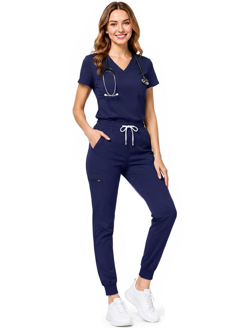 Scrubs for Women, 9-Pocket Soft V-Neck Top and Stretch Jogger Pants, Medical Uniform for Nurses, Doctors, Small