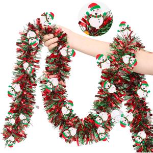 50FT Red Green Christmas Tinsel Garland with Snowman Ornaments, Metallic Twist Shiny Xmas Garland for Tree Decorations Fireplace Mantel Home Office Stair Party Outdoor Indoor Holiday Decor