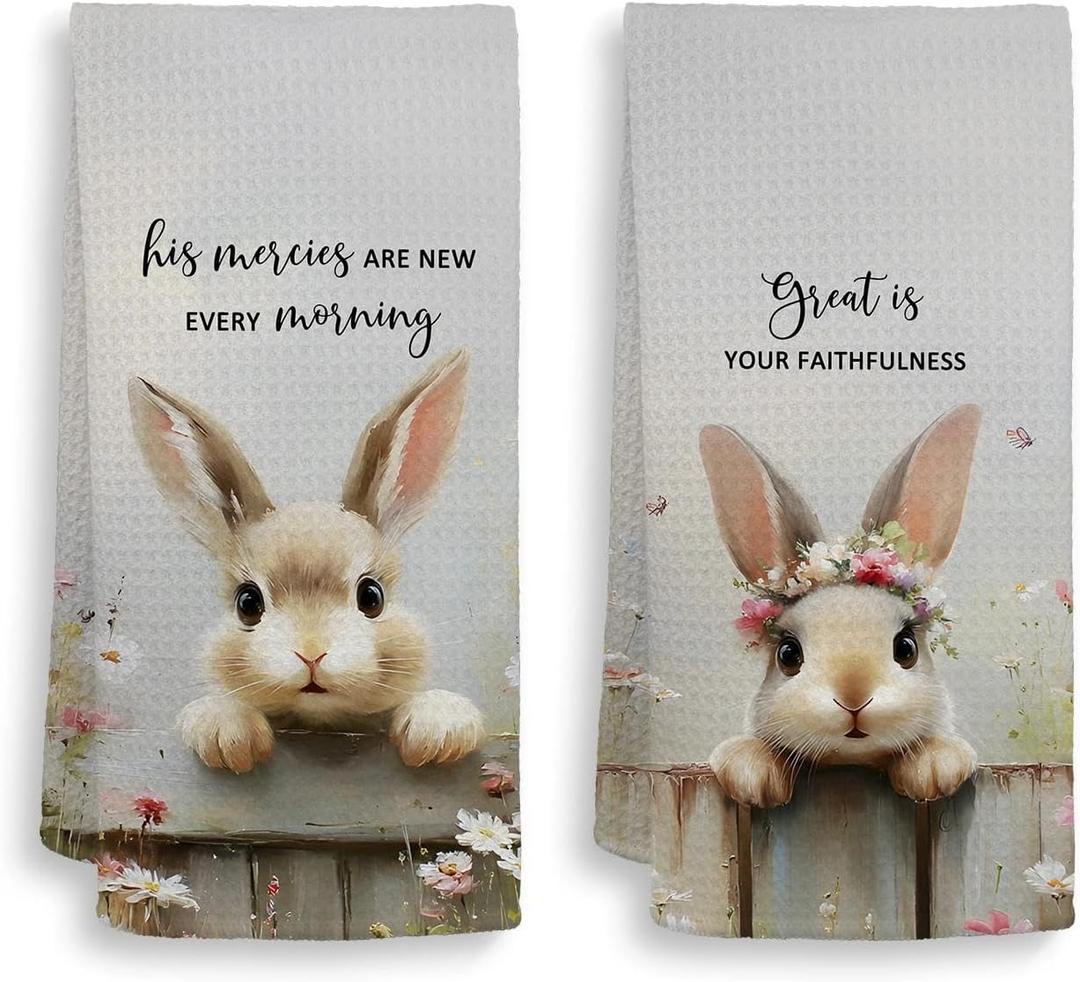 HIWX Christian Bunny Kitchen Towels, Rustic Rabbit Farm Animals Decorative Kitchen Dish Towels, Easter Rabbit Hand Towel for Bathroom Decor, Bunny Gifts for Women, 16x24 Inches Set of 2