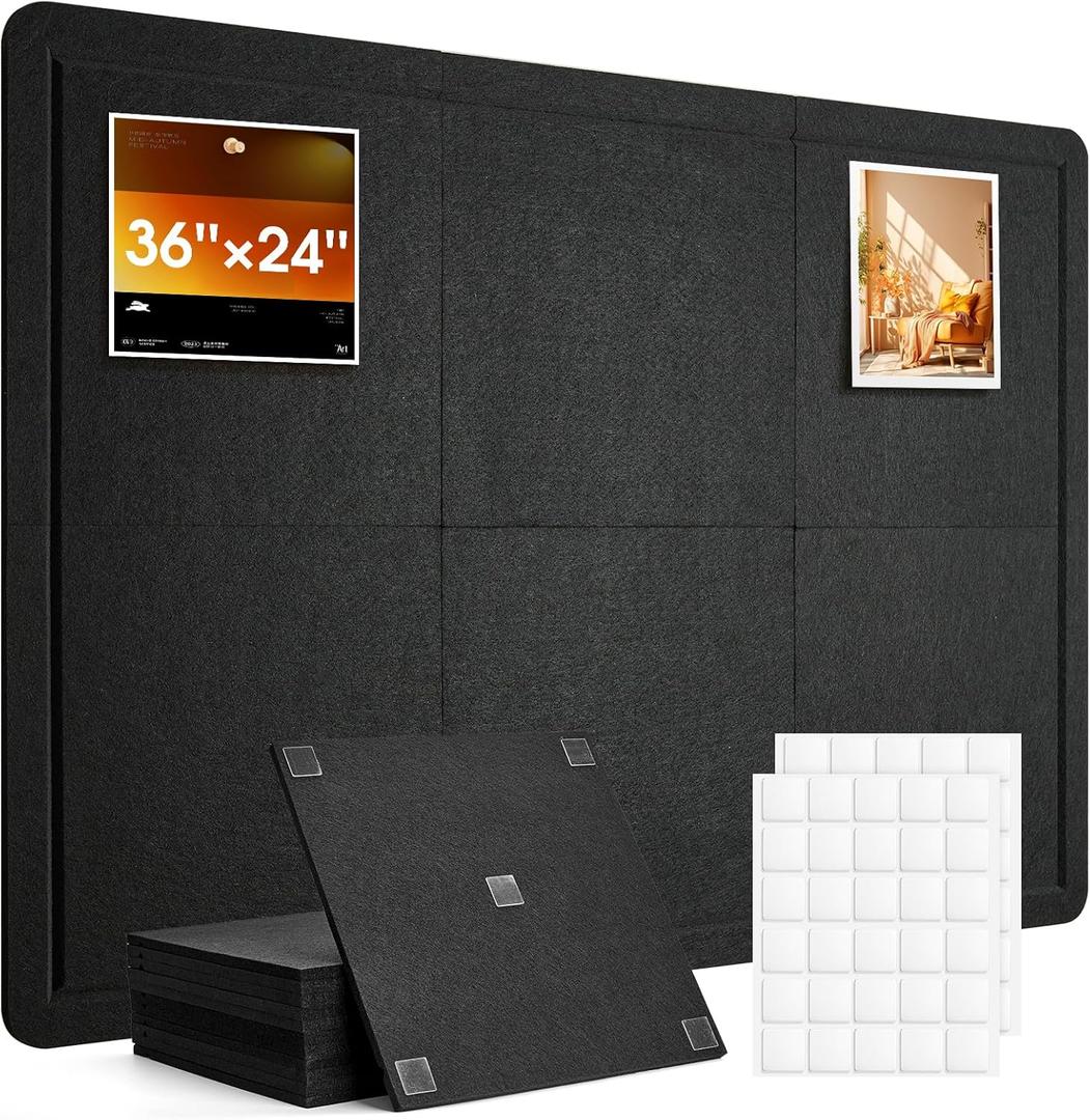 Bulletin Board, 36 x 24 inches Cork Board Alternative, 6 Pack 12"X12"X0.4" Felt Pin Boards for Walls Home Office Decor, Classroom with 30 Adhesive Tabs Black