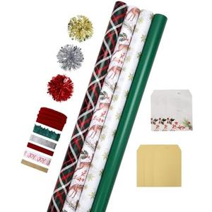 LaRibbons Christmas Wrapping Paper Sets, Classic Reindeer & Plaid Design With Ribbons & Gift Tags & Metallic Pom Pom, Perfect for Xmas, Holiday Party, 30Inch × 10Feet（ 4 Rolls: 100 Sq.Ft.Ttl）