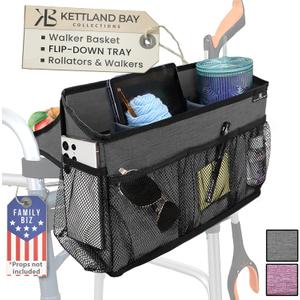 Walker Basket for Folding Walker with Flip-Down Walker Tray Reacher Cane Holder Strap Cup Holder | Basket for Walker Bags for Folding Walker with Wheels, Walker Accessories for Walker Rollator (GRAY)