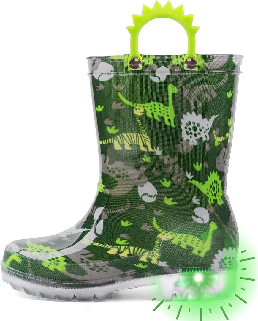 Outee Toddler Kids Adorable Lightwight Waterproof Rain Boots Light Up by Steps (13 Little Kid, Green Dinosaur)