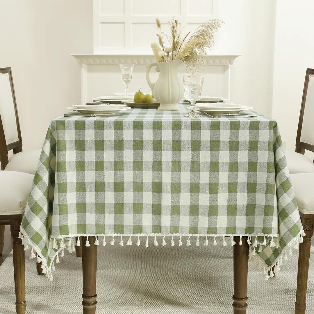 Romanstile Spring Checkered Tablecloth Rectangle, Outdoor Waterproof Heavy Duty Linen Cotton Gingham Table Cloth with Tassel, Wrinkle Free Plaid Table Cover for Easter Picnic Party, 55 x 70 Inch, Sage