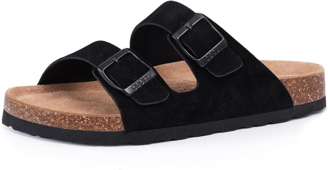 Unisex Cork Footbed Slide Sandal, Arch Support Summer Outdoor Sandals with Adjustable Buckle for Women and Men (10 Women/8.5 Men, EU Women Size 41, Black Suede)