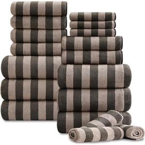 18 Pcs Brown Cabana Stripe Family Towels Set with Hanging Loop-6 Bath Sheets,6 Hand Towels,6 Washcloths Ultra Soft Bathroom Towel Highly Absorbent Quick Dry Shower Towel for Beach Chair,Spa,Gym,Hotel
