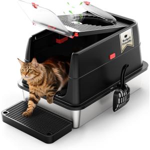 Stainless Steel Litter Box with Lid, SUS304 Metal Cat Litter Boxes, Enclosed Extra Large Kitty LitterBox High Wall, Jumbo Cat Toilet Odor Control, Spacious, DurableNon-Sticky (XL Black) (Obsidian)