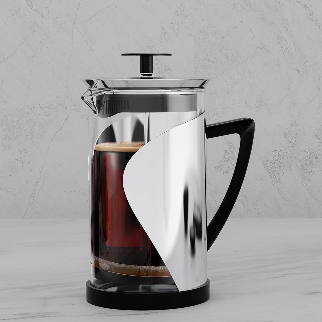 French Fress Coffee MakerStainless Steel Coffee Press,Durable Coffee Pot With Scale Line,4 Level Filtration System,Heat Resistant Borosilicate Glass