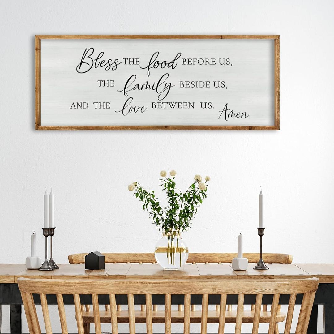 ZZJJHYWGQ Bless The Food Before Us Wall Decor Kitchen Christian Blessing Sign 32"12" Christian Grateful Family Quote Farmhouse Dining Room Large Catholic Wooden Frame Wall Hanging Art (Wood)