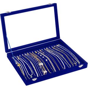 Jenseits Jewelry Display Box For Necklace Organizer, Velvet Necklace Storage Tray For Drawer, 20 Hooks Large Velvet Showcase Holder, Jewelry Organizer With Transparent Lid, Gifts For Her - Blue