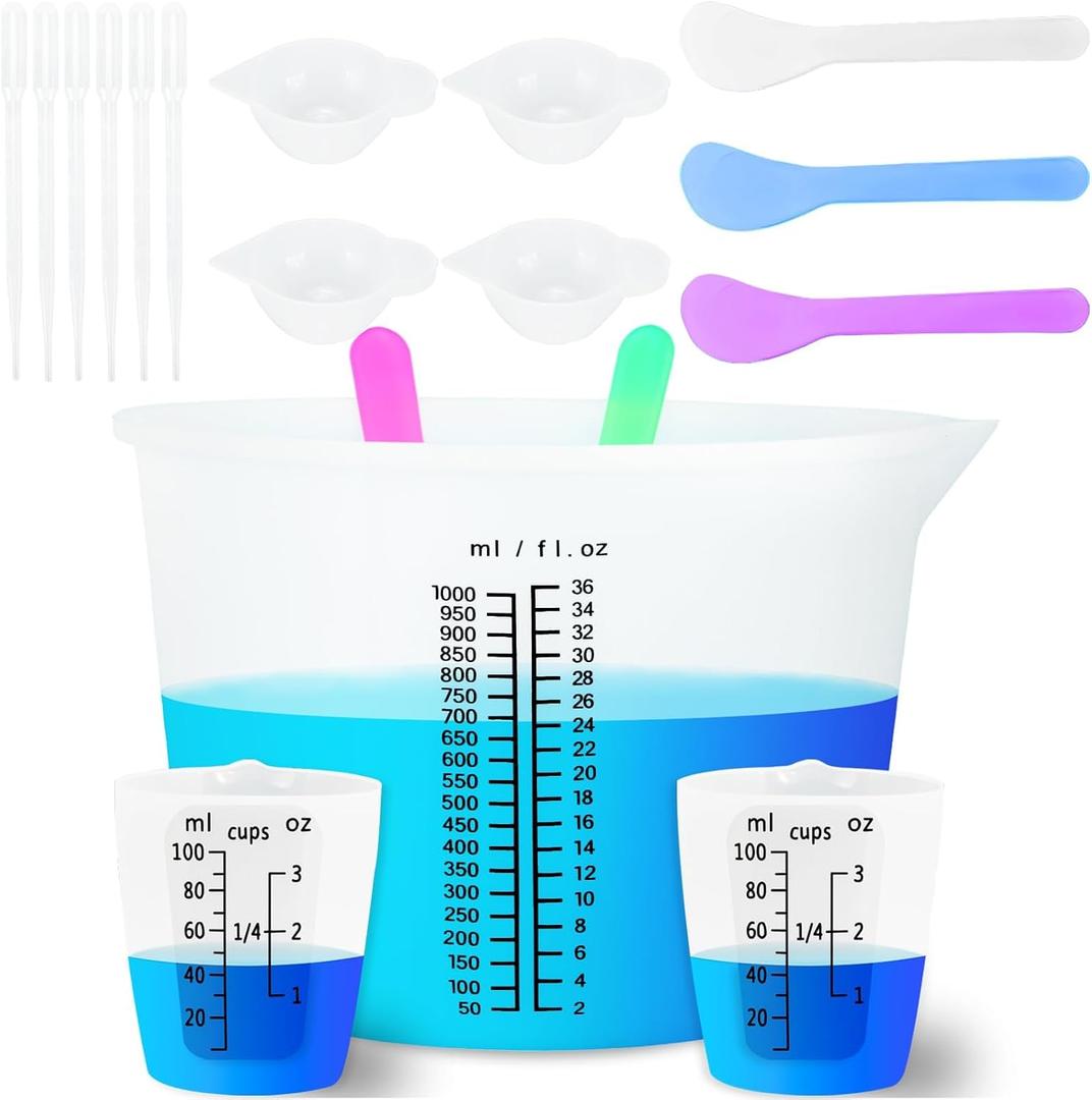 Creahaus 1000ML Large Silicone Measuring Cups for Resin, Easy to Read 36oz Silicone Mixing Bowl with 100ML Mixing Cup, Easy Clean Reusable Epoxy Resin Supplies with Stir Stick, Pipettes