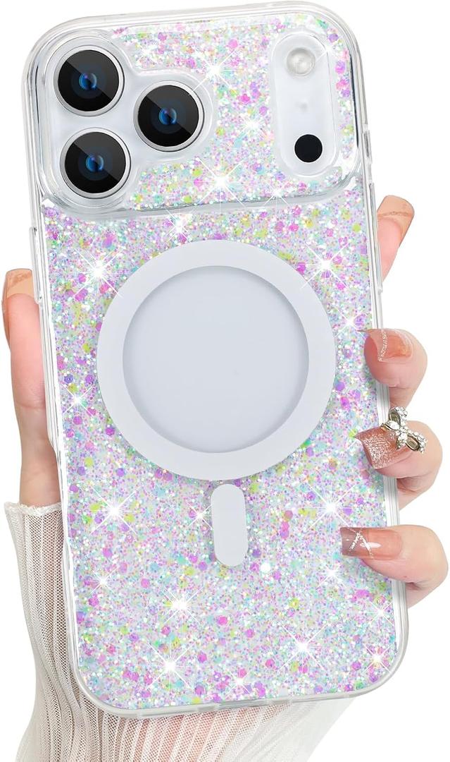 Bonoma for iPhone 17 Pro Case 2025 Sparkly Glitter Bling Back, Magnetic Support for MagSafe Shockproof, Crystal and Clear High-Duty Protection for Girls Women-Sparkly Glitter