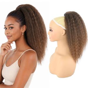 Kinky Straight Ponytail Extension for Black Women,16 Inch Yaki Drawstring Ponytail,Natural-Looking Thick Synthetic Hairpiece for Daily Wear(T1B/30 Mix Black and Brown)