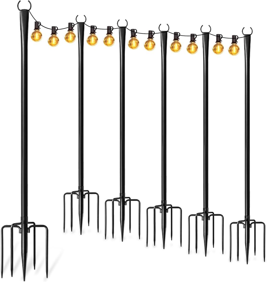 Pack of 6 String Light Poles for Outside, Thickened Metal Lights Hanger Pole Outdoor with Fork, Lighting Hanging Post Accessories for Patio Decor Garden Backyard Yard Front Porch Outside Decorations