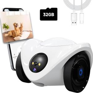 Pet Camera Treat Dispenser, Movable Pet Robot Cam with Phone App, 1080P Indoor Security Camera for Dog/Cat/Home Monitoring+32G SD Card, 2-Way Talk, Night Vision, Motion Detection (2.4GHz WIFI Only)