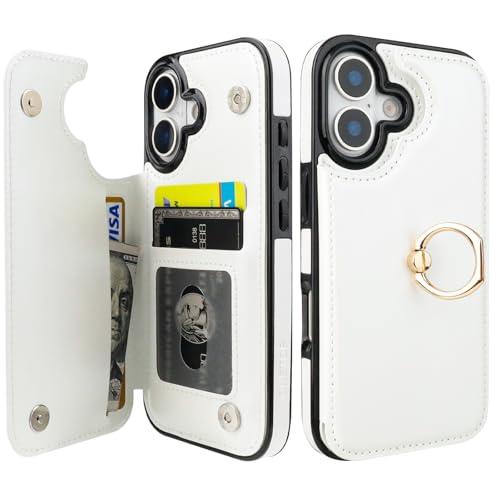 ONETOP for iPhone 17 Wallet Case with Card Holder, 360° Rotation Ring Kickstand RFID Blocking PU Leather Double Magnetic Clasp Shockproof Cover for Women and Girls 6.3 Inch (White)