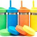 Elk and Friends 14oz Stainless Steel Kids + Toddler Drinking Cups | The Original Mason Jar with Sleeves + Lids | Silicone Straws | Smoothies | Storage Jar | Spill Resistant | Dishwasher Safe | 4 Pack (Green/Orange/Yellow/Blue)