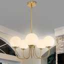 HuisMier Modern Globe Glass Chandelier, 5 Lights Mid Century Brushed Brass Pendent Light Fixture, Height Adjustable Vintage Sputnik Chandelier for Kitchen Island Dining Room
