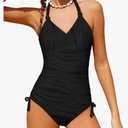 Girls One Piece Swimsuits Halter Strapless Bathing Suit for Girls Side Drawstring Ripple Girl Swimwear with Cover Up, 11-12Y