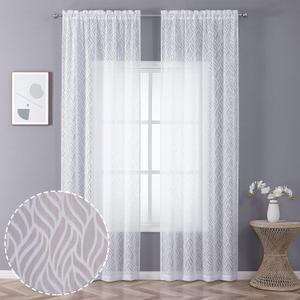 Chyhomenyc Marilyn White Sheer Curtains 96 Inch Length 2 Panels, Light Filtering Soft 3D Leaf Clip Jacquard Textured Sheer Curtain Drapes for Bedroom Living Room Window, 38Wx96L Inches