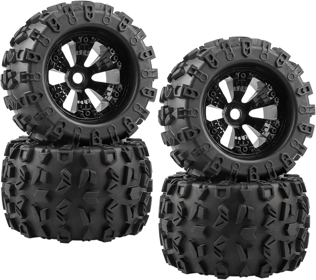 4-Pack 1/8 Monster Truck Tires 3.8 Tires Mounted 17mm Hex Solid 6-Spoke Wheels OD 170mm for 1/8 Arrma 6S Traxxas Summit ERveo Redcat HPI JLB Cheetah RC Off-Road Car (Front and Rear)