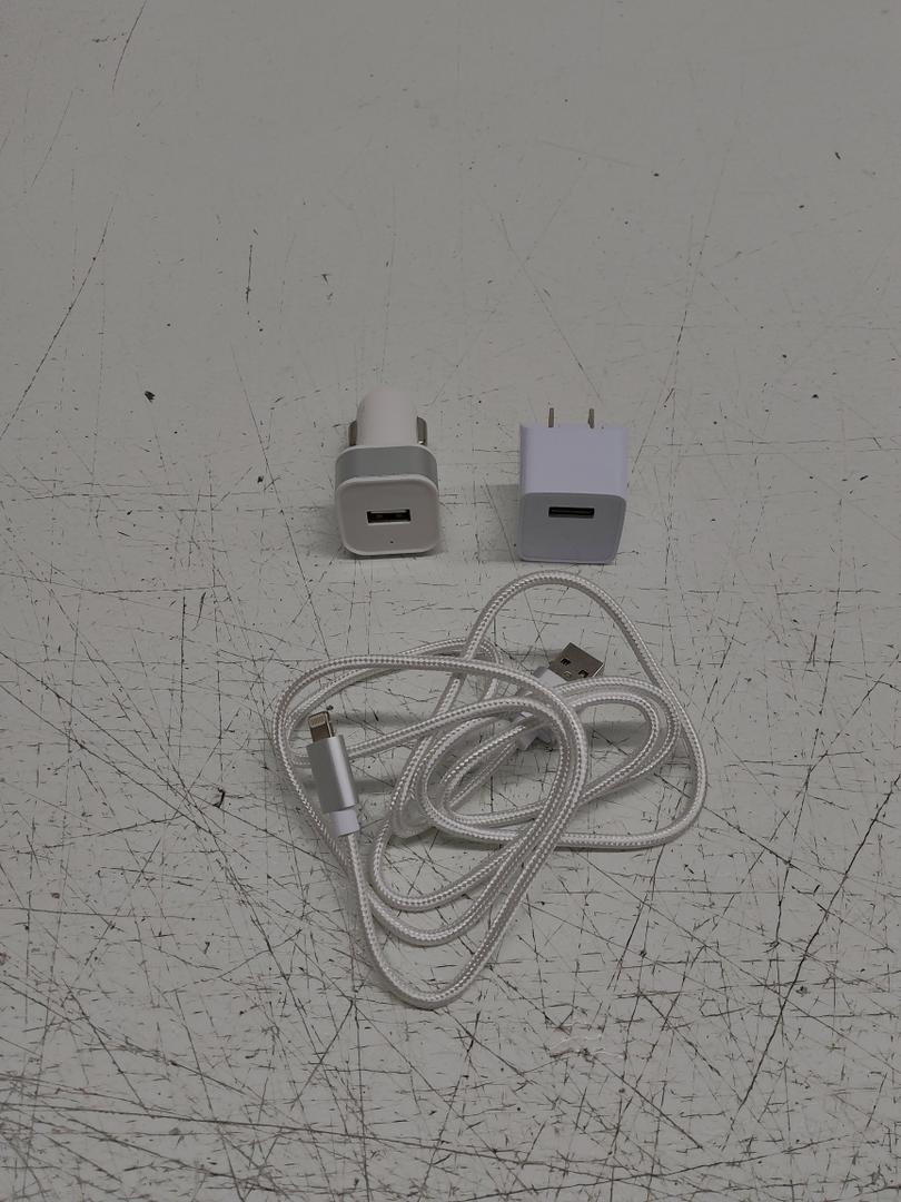 Wall Charger: A white USB-C wall charger, possibly a 20W or 30W model, compatible with various devices like iPhones, iPads, and Samsung smartphones.
Car Charger: A white car charger adapter with a USB port, designed to be used in a vehicle's power ou