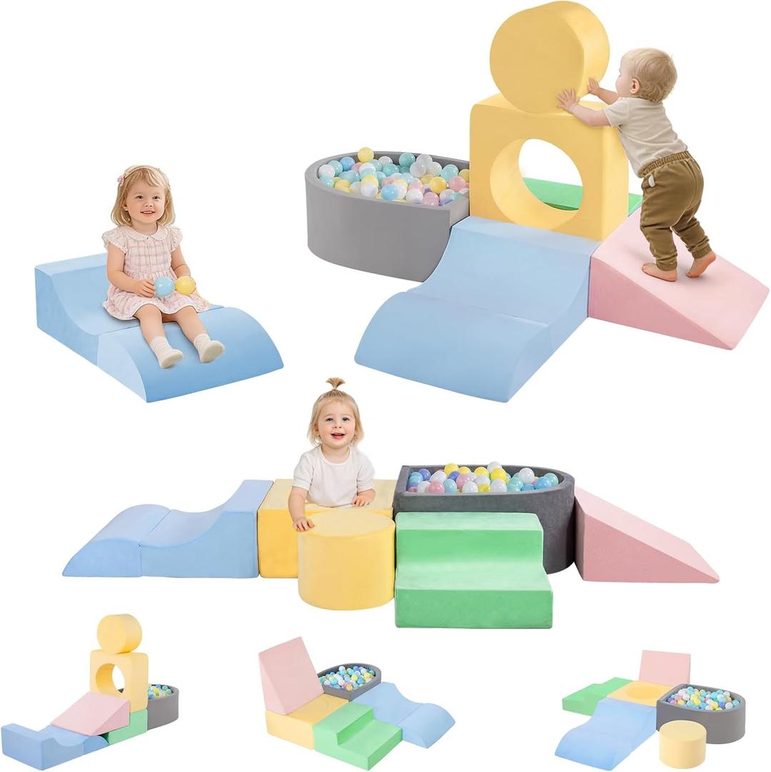 MIND&ACTION Toddler Climbing Toys Indoor, Baby Foam Climbing Blocks with Ball Pit for 1-3 Years Old, 6-Piece Soft Play Set Climbing Blocks, Climb Crawl Activity, Birthday (Balls not Included)