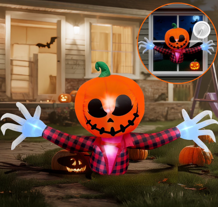 BeePrincess 5 FT Halloween Inflatable Pumpkin Ghost – Outdoor LED Blow-Up Decoration with Giant Arms, Light-Up Eyes, Waterproof Yard Decor for Lawn and Garden