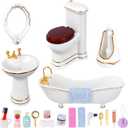 1:12 Dollhouse Miniature Porcelain Bathroom Set 5Pcs White Ceramic Toilet Basin Bathtub Mirror Miniature Furniture with 15Pcs Doll Accessories Comb,Bathball,Water Cup,Toothbrush Toothpaste