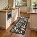 3x6 Washable Kitchen Runner Rug: Non Slip Floral Scalloped Runner Rugs for Hallway Stain Resistant Floor Mat for Entryway Boho Carpet Runner for Bedroom Living Room (Black, 3x6)