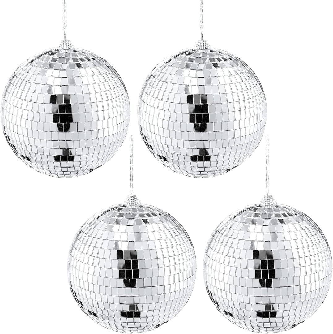 Suwimut 4 Pack Mirror Disco Ball, 6 Inch Cool and Fun Silver Hanging Disco Ball with Attached String for a Party or Dj Light Effect, Party Decorations, Home Decorations, Stage Props, Christmas
