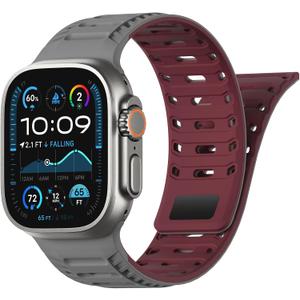 Magnetic Silicone Band Compatible with Apple Watch Band 49mm 46mm 45mm 44mm Ultra 3/2/1 & SE 3/2/1 & Series 11 10 9 8 7 6 5 4 Strong Magnetic Clasp, Hollow Out Design & Adjustable (Grey+Red)