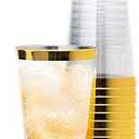 Tebery 100 Pack Clear Plastic Cups Party Glasses, 16Oz Disposable Cup Plastic Tumblers, Elegant Party Tumblers Cups Wedding Cup with Gold Rim, 100 Count