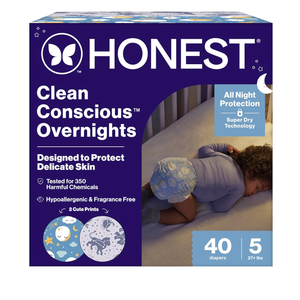 The Honest Company Comfort Dry Disposable Overnight Diapers for Sensitive Skin, Hypoallergenic, Baby Cozy Cloud and Star Signs Design Club Box Size 5 (27 lbs) 40 Count