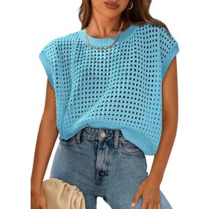 PRETTYGARDEN Womens Spring Tops 2026 Summer Shirts Crochet Cap Sleeve Sweater Pullover Cute Beach Vacation Clothes (X-Large, Sky Blue)