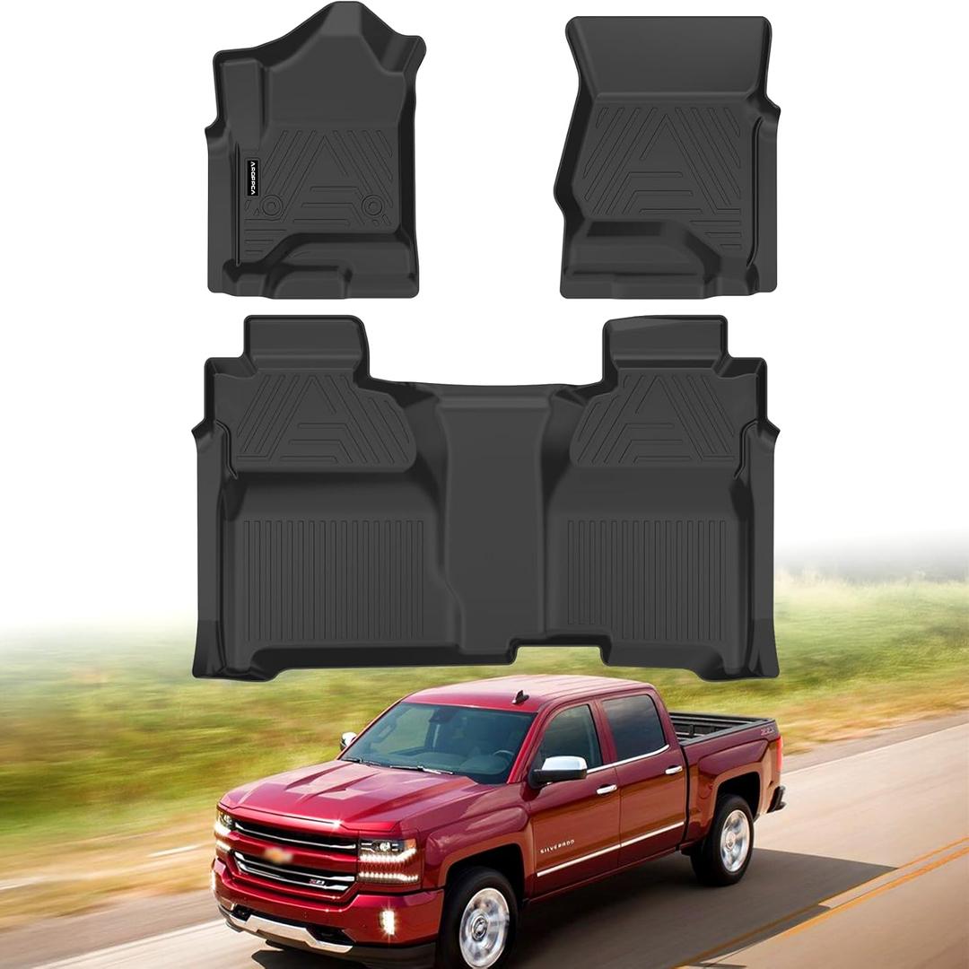 All Weather Car Floor Mats for 2014-2018 Chevy Silverado/GMC Sierra 1500 Crew Cab, 2015-2019 Silverado/Sierra 2500 HD/3500 HD Crew Cab, TPE Rubber Floor Liners Full Set for Chevy Silverado Accessories