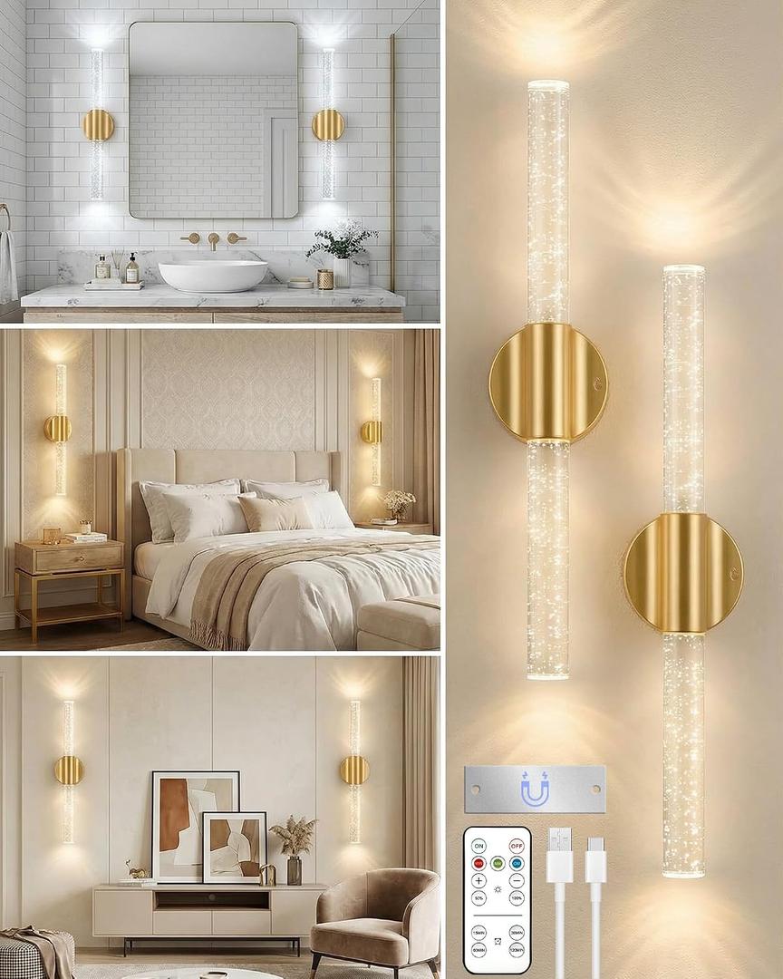 Peel and Stick on Wall Sconce set of 2, No Drill Gold Wireless Magnetic Battery Operated Wall Lights with Remote & Touch Control, Dimmable Cordless Wall Lamps for Bedroom Living Room Bathroom Decor