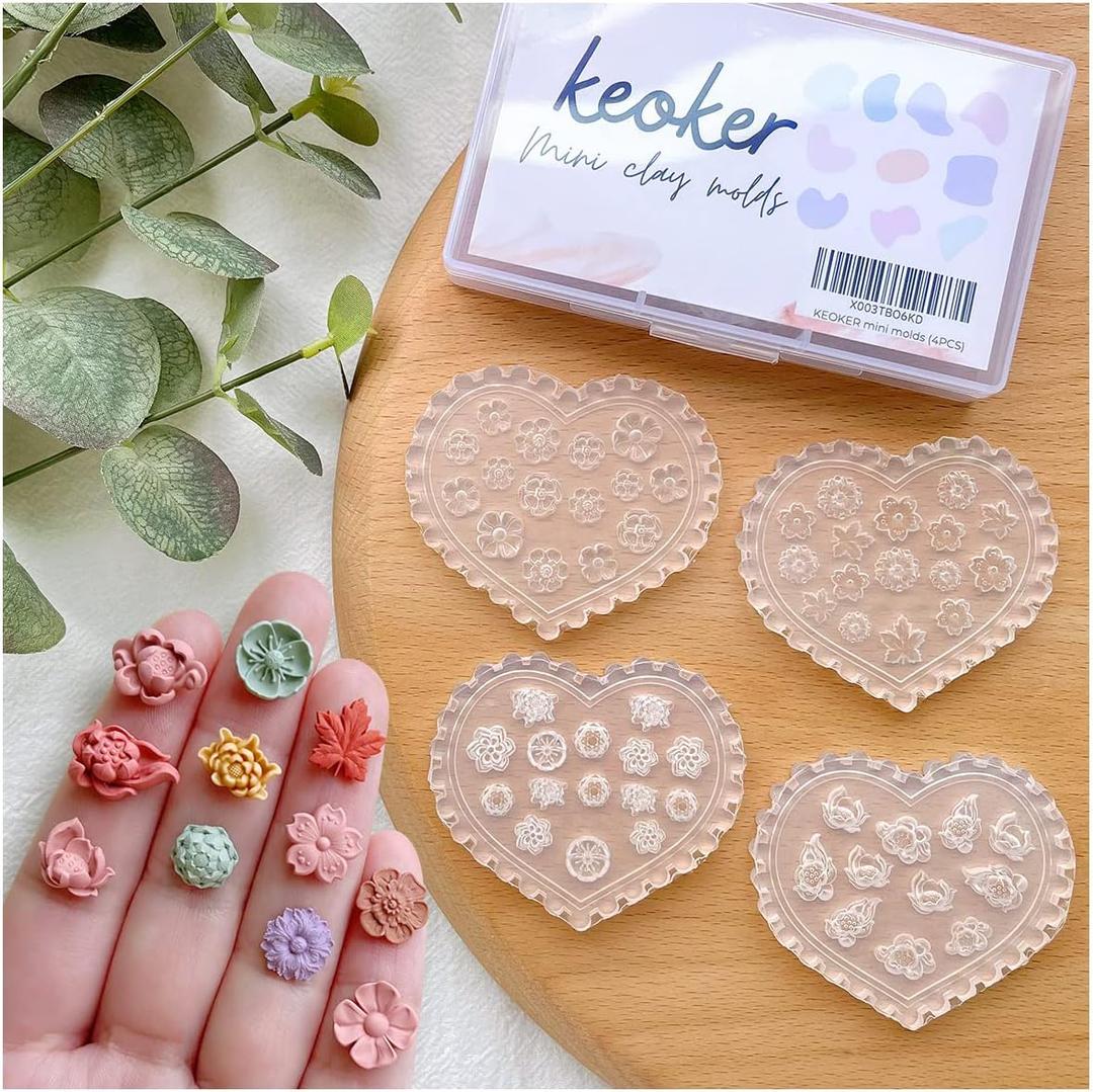 KEOKER Flower Polymer Clay Molds - 4 Pcs Floral Molds for Jewelry Making, Miniature Molds, Earring Molds (Substitute Polymer Clay Cutters) (4PCS)