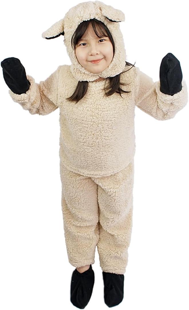 Kids Sheep Costume Fuzzy Little Lamb Halloween Christmas Outfit Long Sleeve Top + Pants + Hat + Gloves + Socks (Small, Beige)