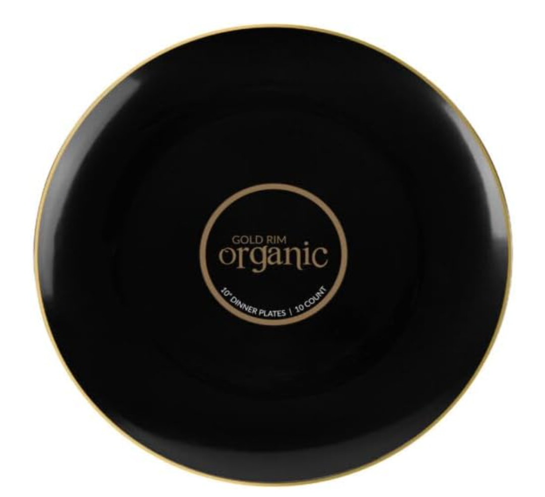 Organic Black & Gold Rim Plates 120 Count - 9" Elegant Disposable Plastic Dinner Plates for Parties & Gatherings