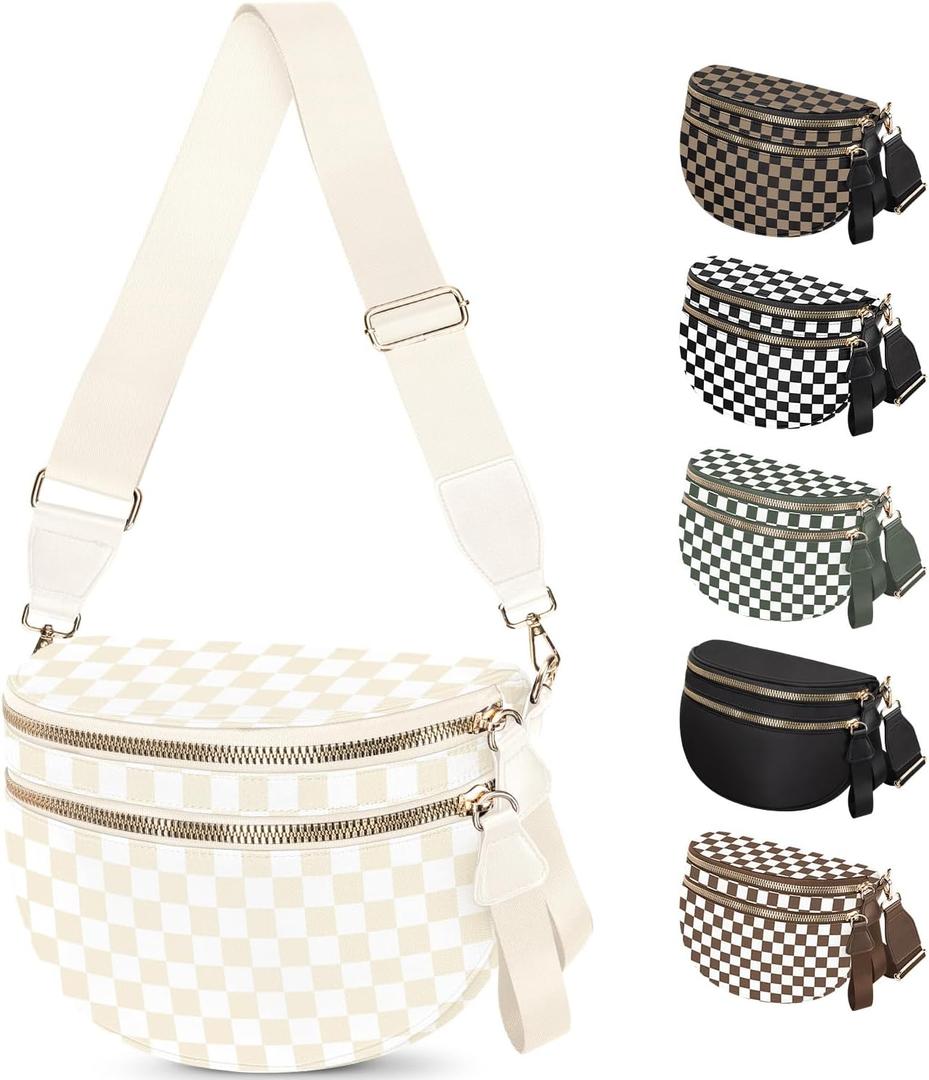 Spacious Nylon Checkered Crossbody Bum Bag for Women, Fashion Checkerboard Fanny Pack Purse with Anti-theft Pocket, Adjustable Wider Strap Wasit Bag (Beige)