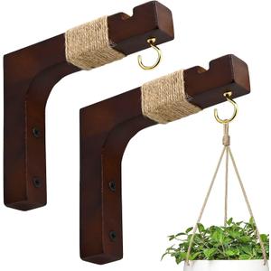Plant Hanger Hooks for Indoor Hanging Plants, 2 Pack Rustic Farmhouse Wooden Hanging Basket Wall Bracket Plant Hooks for Indoor Outdoor Flower Pots Lanterns Wind Chime Balcony Light Garden Decoration (Brown)