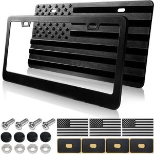 American Flag License Plate for Front Bumper, Black ABS Plastic Car Tag Plate with 3D Embossed USA Flag Pattern, with Aluminum Frame, Screws, Patriotic Decals