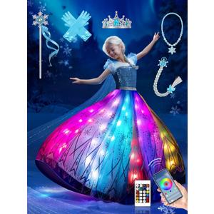 Princess Costume for Girls, RGB Light Up Toddler Dress up ＆ Syncs Music App Control with Accessories for 3-9 Girls